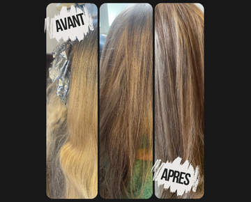 Résultat avant / après d’un travail de mèches fondues avec patine, sur cheveux longs.