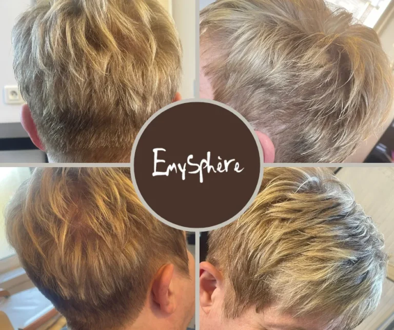 Cheveux blonds courts avec mèches fondues naturelles et reflet lumineux, après coloration complète chez Emysphere-Coiffure.
