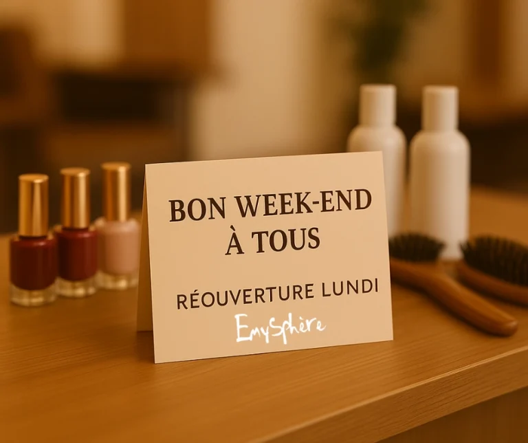 Carte posée sur une table dans un salon de coiffure avec le message “Bon week-end à tous. Réouverture lundi”