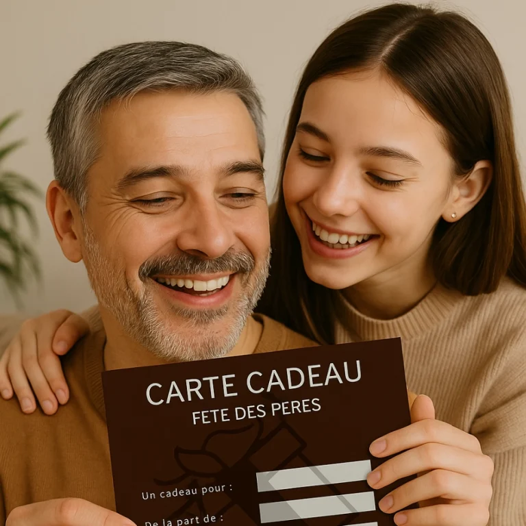 Une fille souriante offre une carte cadeau fête des pères à son père – salon Emysphere à Coudekerque-Branche